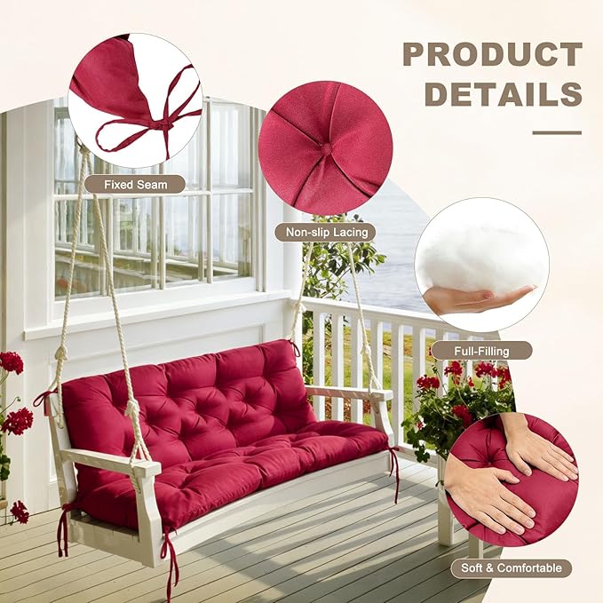 Porch Swing Cushion with Backrest,Waterproof Bench Cushion for Outdoor Furniture,2-3 Seater Replacement Thickened Swing Cushion with Ties,Patio,Outdoor,Backyard and Garden (Wine Red,40x40)