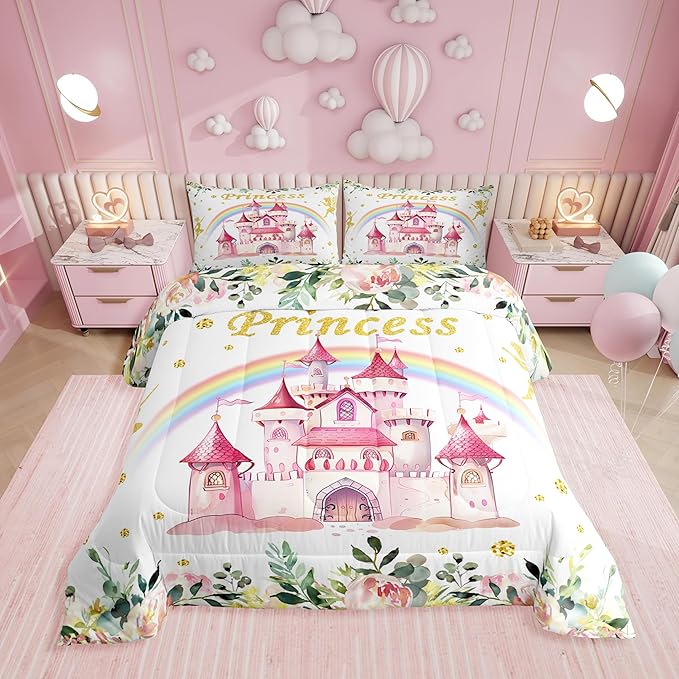 Erosebridal Princess Toddler Bedding Set,Pink Fairy Castle Kids Comforter Sets for Girls Bedroom Decor,Fairy Garden Floral Bed Set,Cute Rainbow Comforter Reversible with 1 Pillowcase,Breathable