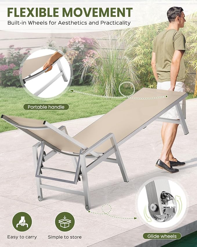 Patio Chaise Lounge Chair Outdoor with Wheels&Armrests, Aluminum Pool Lounge Chairs Set of 2 Five-Position Adjustable Recliner, Outdoor Beach Lounge Chairs for Poolside, Patio, Deck, Yard, Khaki
