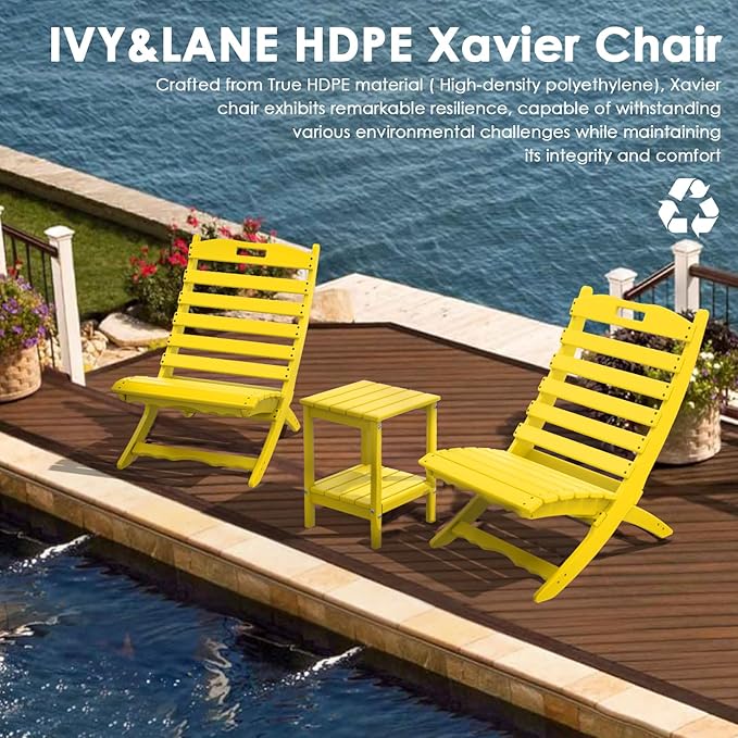 IVY&LANE Portable Xavier-Chairs Set of 2 | Folding-Adirondack-Chair | Wave | HDPE Plastic | Limited Edition | Yellow | All-Weather Resistant | for Outdoor Fire-Pit Patio Lawn Beach Poolside