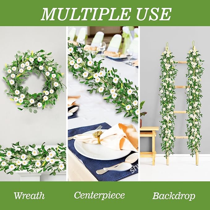 6 Ft White Flower Garland Artificial Summer Spring Faux Daisy Wildflower Floral Garland Spring Wreath for Wedding Arch Porch Stair Table Indoor Door Home All Year Decoration