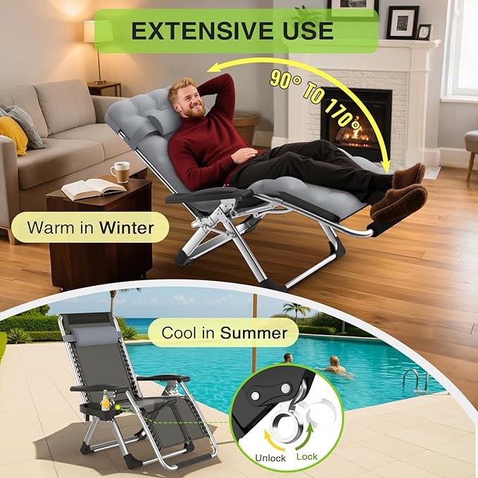 Suteck Zero Gravity Chair, Reclining Camping Lounge Chair w/Removable Cushion, Upgraded Lock and Cup Holder, Reclining Patio Chairs Folding Recliner for Indoor and Outdoor