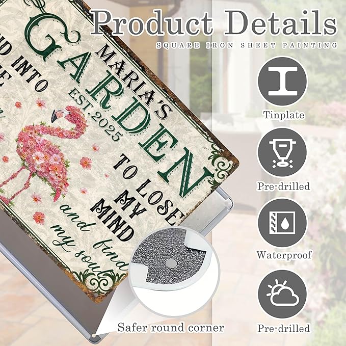 Custom Garden Signs Personalized Metal Tin Sign for Women, Retro Funny Flamingo Metal Sign for Outdoor, Patio, Yard Rustic Home Decor Gift for Mothers Day, Grandmas, and Gardening Lovers