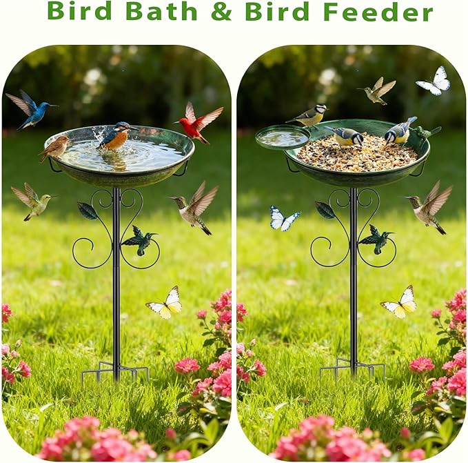 35" Tall Metal Bird Bath for Outdoors with Small Bird Feeder Bowl, 2" Deep 12" Dia Removable Bird Baths for Easy to Clean and Refill, Upgraded 7-Prong Base for Garden, Yard & Lawn (Green)
