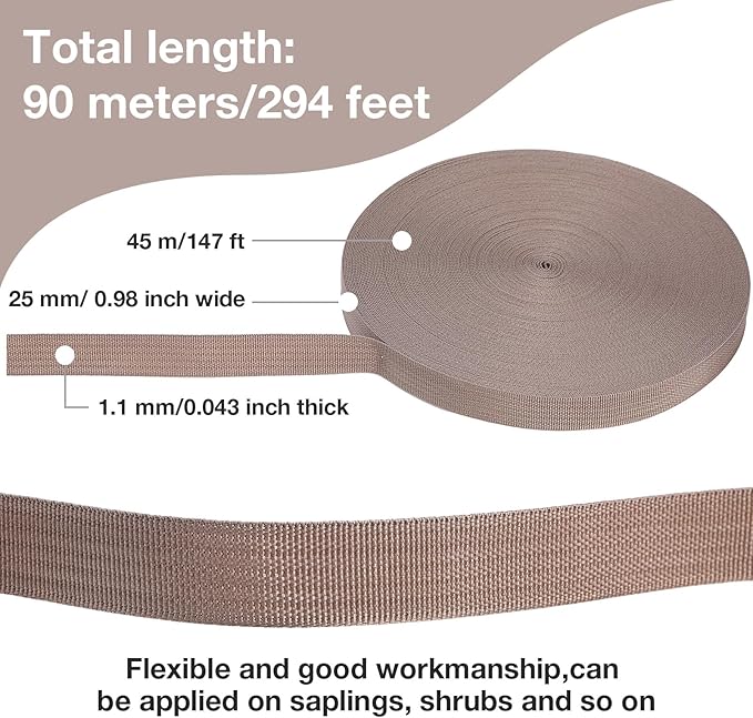 Shappy Tree Tie Strap Garden Webbing Strap Garden Plant Supports Tree Tie Staking for Outdoor Use, Plant Supports, Grafting, Straightening Supplies(Dark Khaki,295 Feet x 1 Inch)
