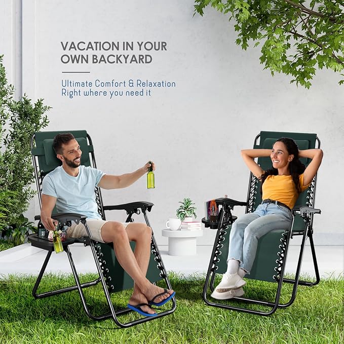 Nestl Zero Gravity Chairs Set of 6, Patio Lounge Chair Outdoor with Pillows & Cup Holder Trays, Adjustable Steel Mesh Reclining Camping Chair, Folding Patio Lawn Chair for Deck, Beach - Forest Green