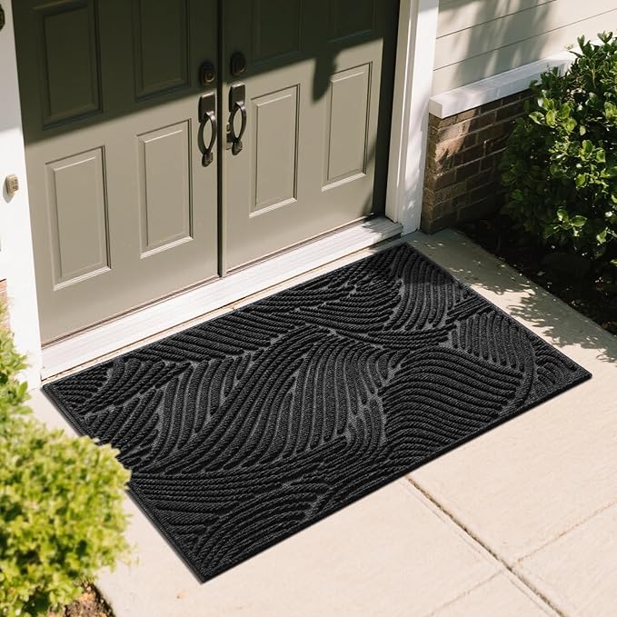 Yimobra Doormat Indoor Outdoor Entrance, Simple Stripes, All-Weather Waterproof & Non-Slip Mat for Front Door, Heavy Duty Polyester Welcome Mat for Garage, Patio-60x36，Black