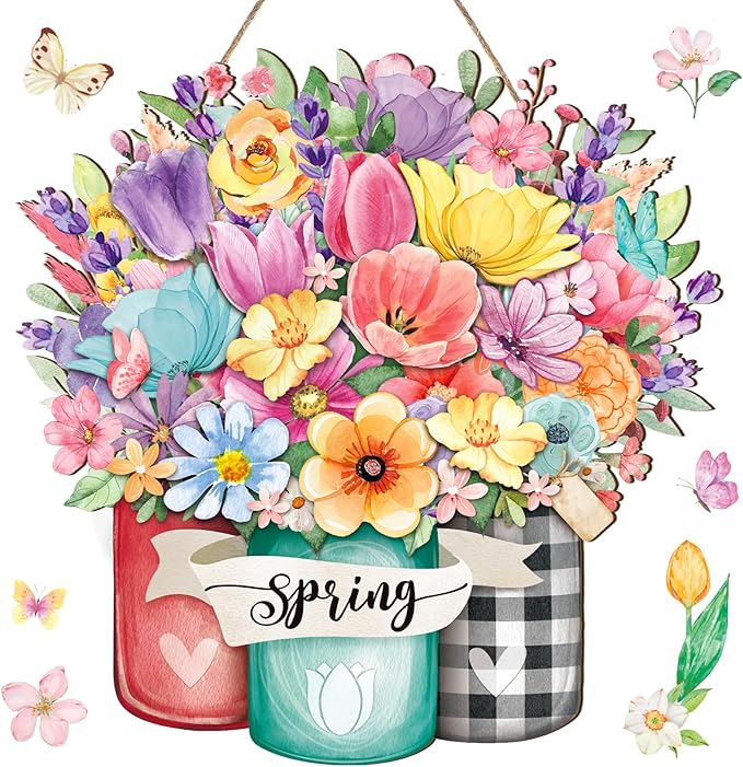 Juexica Spring Front Door Sign - Wooden Decorative Signage, 12 x 12 inches, Delicate Flower Design, Rustic Welcome for Porch Wall Pediments