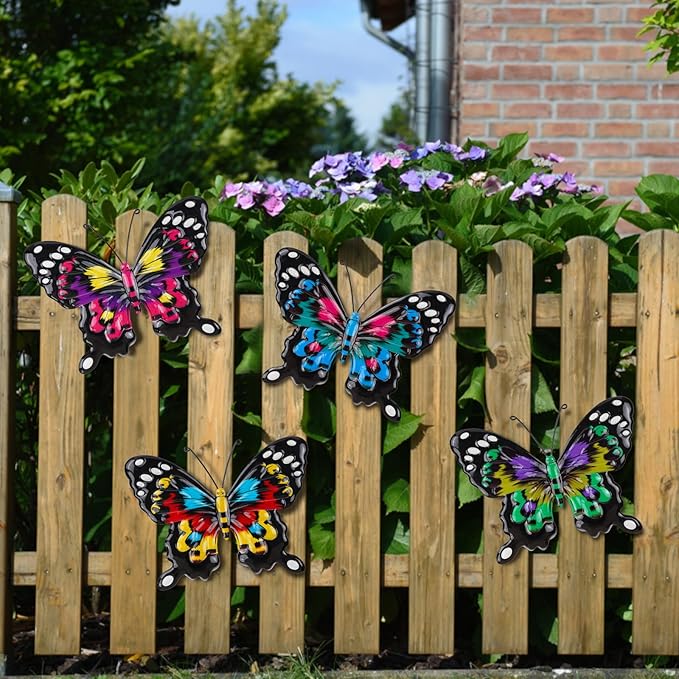 ULENDIS 4 Pack Metal Butterfly Wall Art Outdoor Decor, 9.8in Colorful Fence Wall Art Decor, Wall Sculpture Hanging Decoration for Garden Yard Living Room Bedroom Patio Balcony(D)