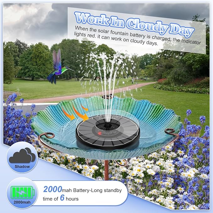 Yzert Solar Fountain with 2000mAh Battery & Innovative Indicator, 3.5W Glass Solar Water Fountain Pump Works in Cloudy Day with 7 Nozzles for Bird Baths, Gardens, Ponds, Pools, Outdoors-Black