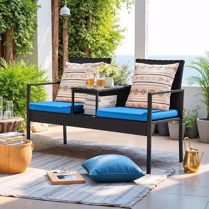 Devoko Patio Conversation Sets Outdoor Loveseat with Built-in Table & Cushions Wicker Patio Furniture Porch Chairs Bench for Lawn, Backyard, Balcony (Blue)