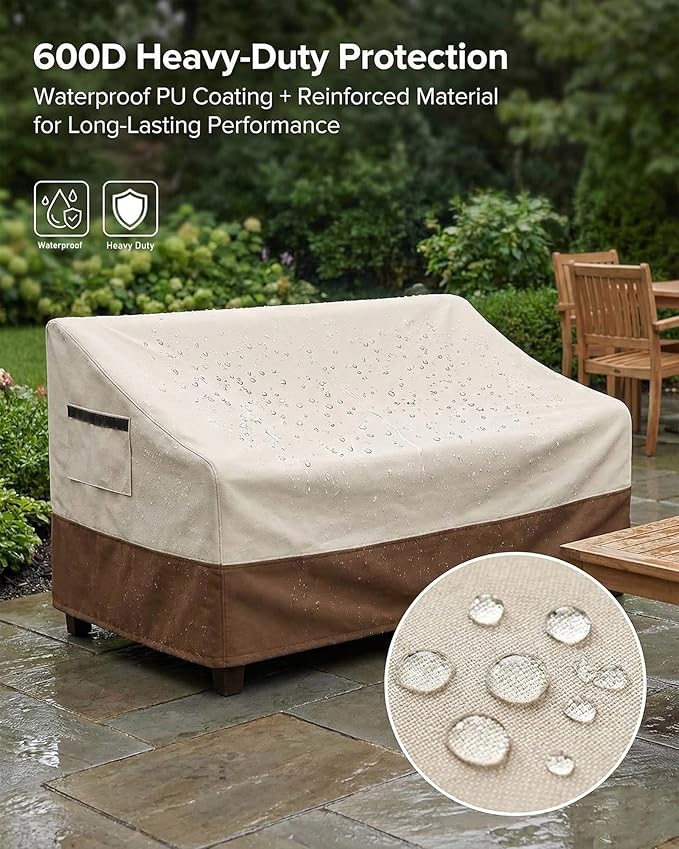Outdoor Sofa Cover, Waterproof Patio Furniture Cover 58.3W x 32.7D x 31H inches Heavy Duty 600D Oxford Fabric Beige and Brown