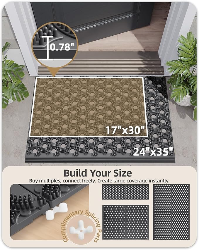 Color&Geometry Super Heavyweight TPE Stormproof Welcome Mat Outdoor, Eco-Friendly Materials Odor-Free Door Mat with Connectors & Non-Slip, All Weather Outside Entrance Barefoot Friendly, 17"x29" Grey
