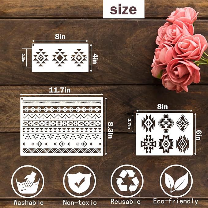 yhslmh Tribal Geometric Stencils for Painting on Wood Furniture Wall Reusable Canvas Aztec Stencil for Crafts Kids Boho Drawing Card Making Pattern Decorative (Aztec)