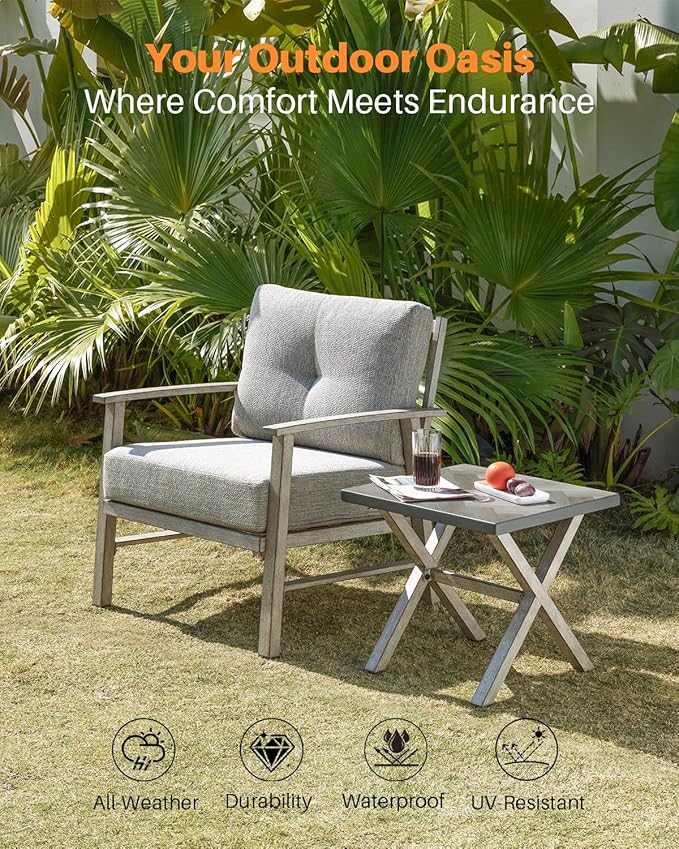 Outdoor Patio Chairs Set of 2, Outdoor Aluminum Armchair Conversation Set with Thick Cushions, 2 Pieces All Weather Patio Furniture Sofa Chairs Set for Garden, Poolside, Lawn, White Oak