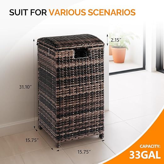 33 Gallon Outdoor Wicker Trash Bin,Wicker Patio Trash Bin, 33 Gallon Rattan Trash Can with Lid for Porch Backyard Deck Patio Poolside, Brown