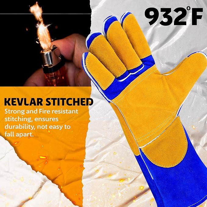 Welding Gloves 16” – 932°F Heat Resistant Leather Gloves with Kevlar – Heavy Duty BBQ & Cooking Gloves for Grill, Oven, Stove, Fireplace, Welding, Forge, MIG, TIG & High Heat Protection