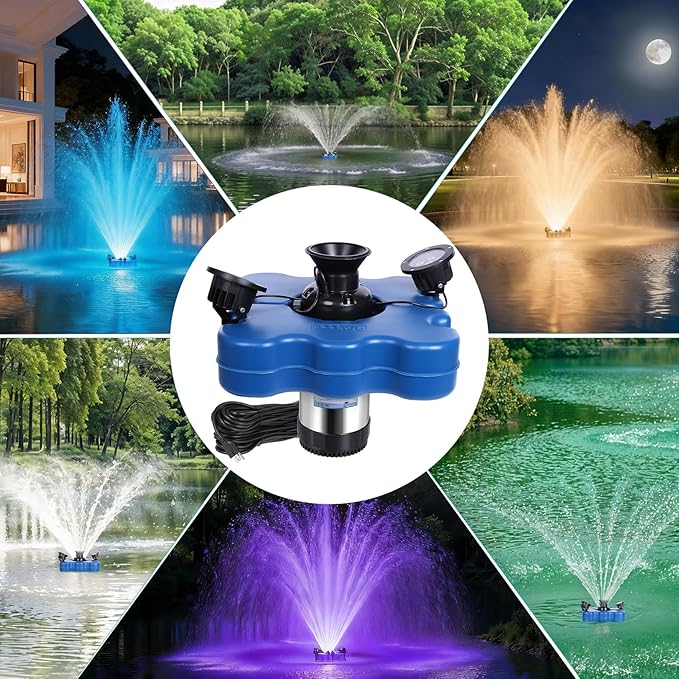 Pond Fountain Aerator with Led Lights RGB-15000 GPH,110V 1HP 750W Floating Fountain Aeration for Large Ponds,Aerating Fountain Pump for Outdoor Ponds & Lakes with 15A/100FT Power Cord
