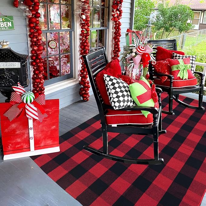 Christmas Outdoor Mat Buffalo Plaid Christmas Decor Rug Cotton Hand-Woven Layered Door Mats Washable Carpet for Front Porch, Kitchen, Farmhouse, Entryway