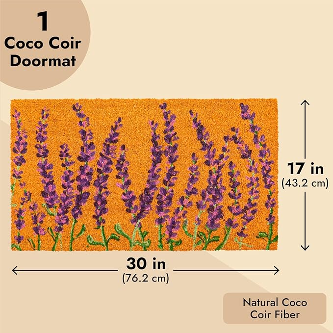 Juvale Lavender Floral Door Mat - 17 x 30 in, Purple Coir - Welcome Mat for Front Door & Outdoor Entryway - Coir Doormat for Patio & Porch