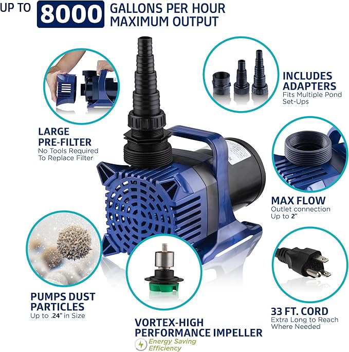 Alpine Corporation PAL8000 | 8000 GPH Submersible Water Pump — Quiet 540W Heavy-Duty Motor, 33-ft Cord & 26-ft Lift — Multi-Angle Flow for Ponds, Waterfalls & Fountains — Durable Outdoor Performance