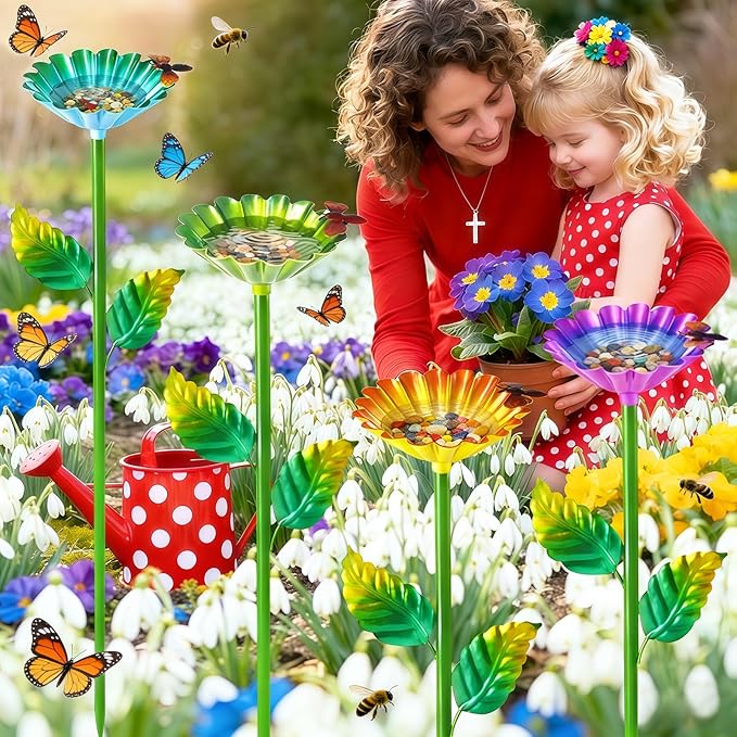 4 Pack Bee Watering Station, Metal Bee Water Station with Flower Design Colorful Butterfly Bath Bowl Drinking Feeder Cups for Outdoor Garden Yard Decor (Purple,Green,Blue,Yellow)