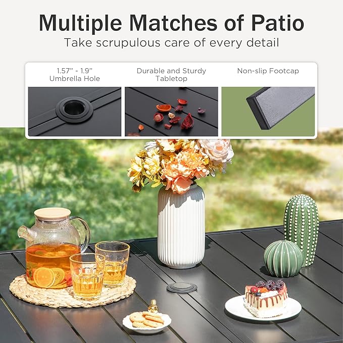 PHI VILLA 7 Piece Outdoor Dining Set for 6, 60” Rectangular Black Metal Table with Umbrella Hole & Stacking Wrought Iron Chairs, Outside Furniture Set for Patio, Deck, Backyard, Porch