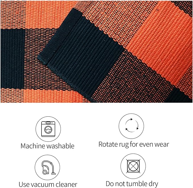 SEEKSEE Cotton Buffalo Plaid Rug 27.5"x43" Orange and Black Checked Rug Washable Doormats Indoor Outdoor Rugs for Layered Front Door Mats, Porch, Kitchen, Farmhouse, Entryway