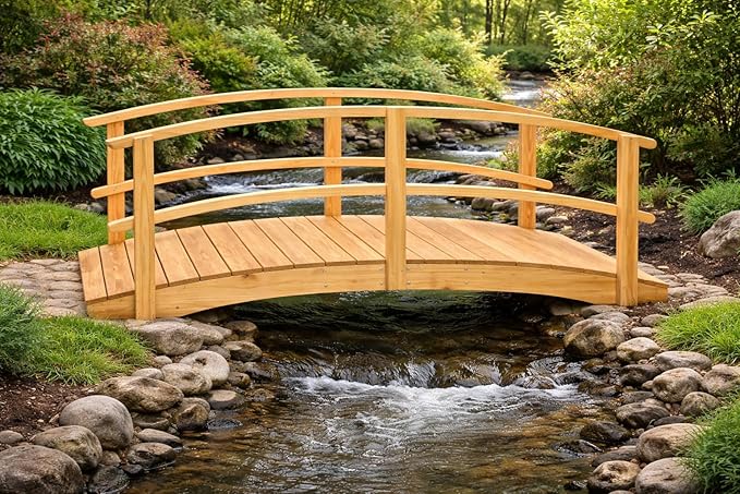 10 FT NATURAL Amish Made Garden Bridge with DOUBLE RAILS for Walkway, Backyard Pond & Landscaping, Outdoor Wooden Footbridge for Koi Pond, Japanese Style Decorative Bridge, Made in USA
