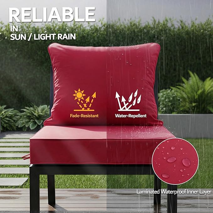 19x19 Inch Patio Chair Cushions Set of 2, Outdoor Furniture Cushions - Removable Cover, Water-Repellent, Fade-Resistant, Non-Slip Bottom & Straps, Replacement for Lawn, Porch & Deck Chair - Burgundy