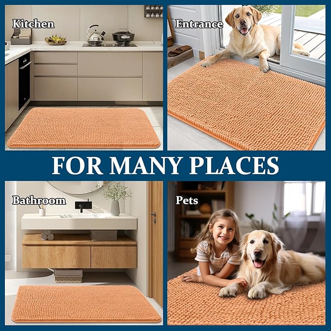 OLANLY Dog Door Mat for Muddy Paws 50x30, Absorbs Moisture and Dirt, Absorbent Non-Slip Washable Doormat, Quick Dry Chenille Mud Mat for Dogs, Entry Indoor Entryway Carpet for Inside Floor, Orange