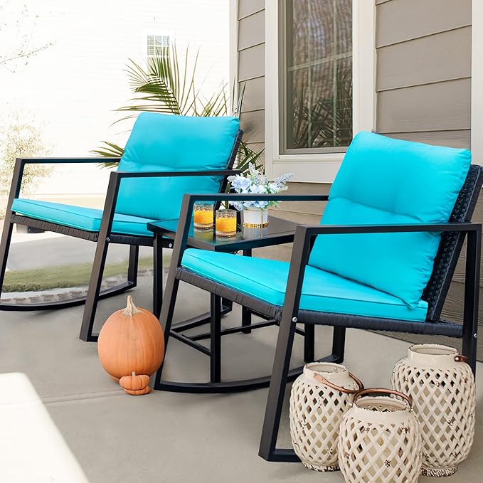 Flamaker Patio Chairs 3 Piece Wicker Rocking Chair Outdoor Bistro Sets with Coffee Table and Cushions Metal Frame Patio Furniture for Porch, Balcony, Lawn (Blue)