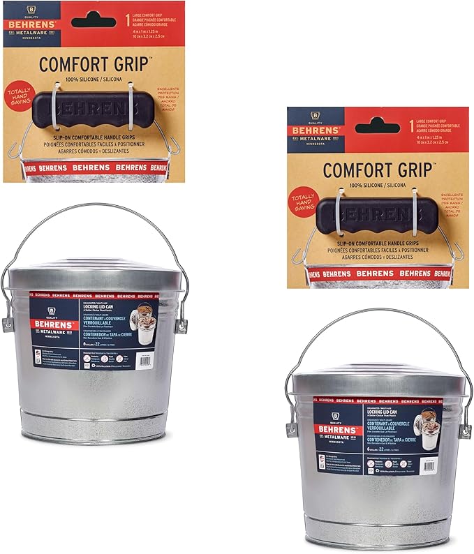 Behrens 6 Gallon Galvanized Steel Storage Can or Waste Bin w/Locking Lid & Handle (2 can, 2 Black Grip)