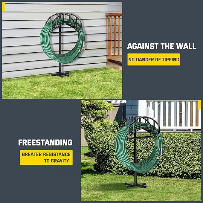 Kesfitt Garden Hose Holder Stand with Tool Storage Basket & 4 Spikes, Detachable Heavy Duty Metal Freestanding Outdoor Organizer for Lawn Yard Water Storage Rack