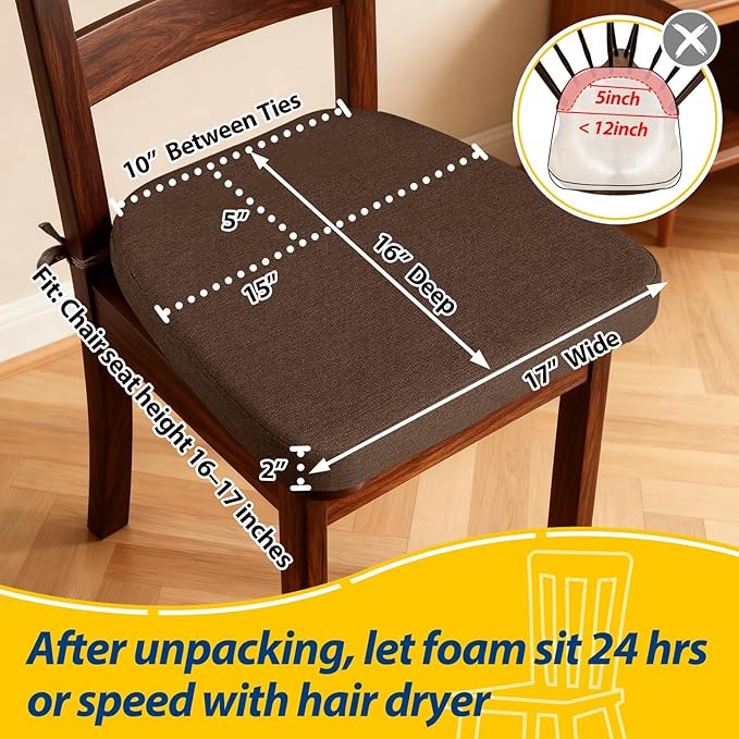 AAAAAcessories D-Shaped Chair Cushions, 2" Thick Dining Chair Pads with Ties and Removable, Machine-Washable Cover, 17" x 16", Set of 4, Brown