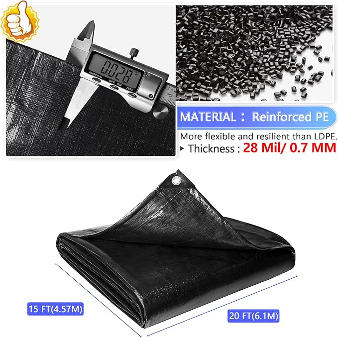 Reinforced PE Pond Liner 15 x 20 FT, 28 Mil Sun Resistant Preformed Pond Liner, Hemmed Edge with Buttonholes Liner for Outdoor Large Ponds, Fish/KOI/Duck Pond, Garden Waterfall, Waterscape, Black