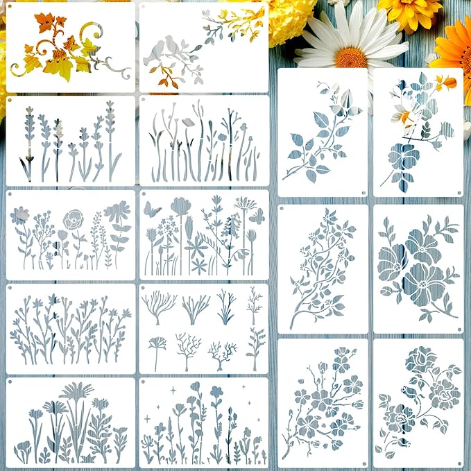 16 Pieces Wild Flower Stencils for Painting 4.3x6.3 Inch, Reusable Template DIY Small Flower Painting Stencils for Wood Canvas Journal Paper Fabric Floor Wall Card Handbags Purses Decor