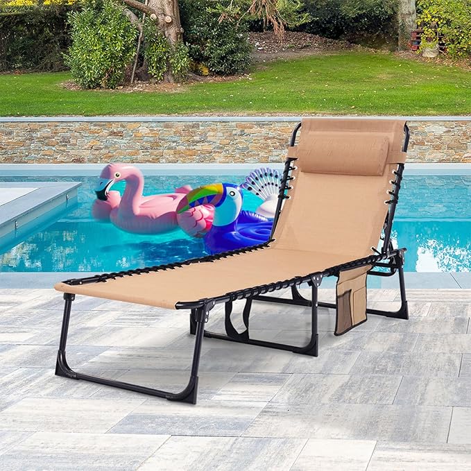 Patio Lounge Chair 2 PCS Folding Chaise Bed - Heavy-Duty 400lb Capacity Portable Adjustable Recliner w/Pillow for Pool, Camping, Sunbathing - Lay Flat Design (Beige)
