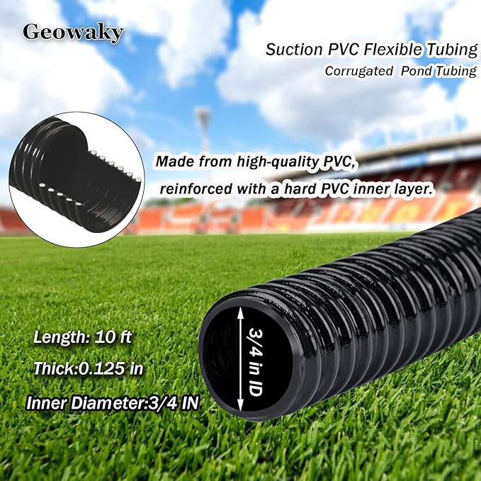 Pond Tubing 3/4" 10ft - Black Corrugated Flexible PVC Hose, Kinkproof & Strong for Garden, Waterfall Sump Pump Hose