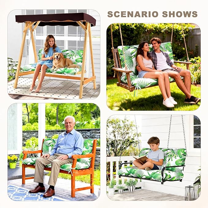 Porch Swing Cushion with Backrest,Waterproof Bench Cushion for Outdoor Furniture,2-3 Seater Replacement Thickened Swing Cushion with Ties,Patio,Outdoor,Backyard and Garden (Fresh Leafy,40x40")