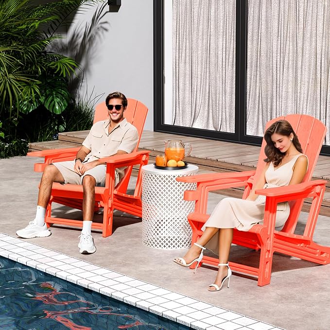 Adirondack Chairs Set of 2,Adirondack Chair with Cup Holder,Wooden Textured Plastic Fire Pit Chair,All-Weather Outdoor Patio Chairs for Lawn,Backyard Deck, Porch,400LBS Heavy-Duty,Orange