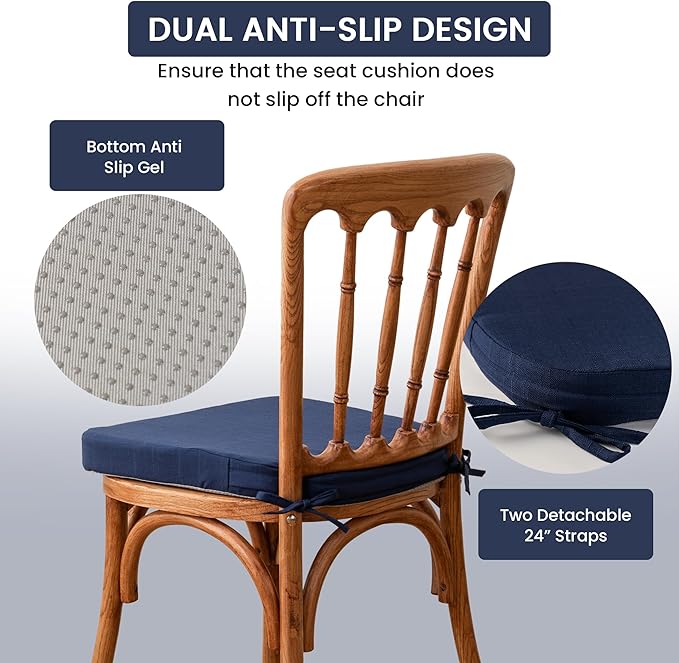 Battilo Chair Cushions for Dining Chairs with Ties, Indoor/Outdoor Kitchen Chair Pad with Non-Slip Backing, Dining Seat Cushion with Machine Washable Removable Cover, 16"x16"x2", Set of 2, Navy