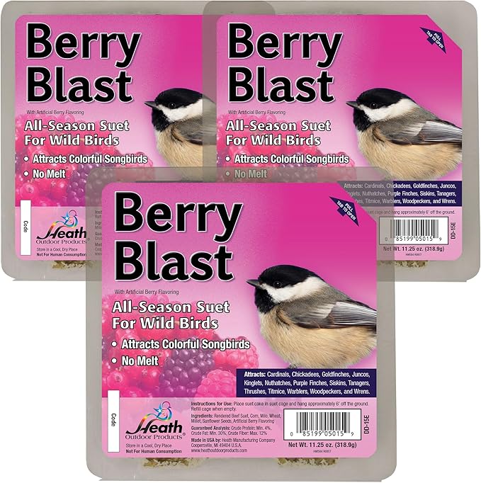 Heath Outdoor Products Berry Blast Suet Cakes Sample Pack, Contains 3 Suet Cakes, Try It, Your Birds Will Love it, for Woodpeckers, Cardinals, Siskins, Sparrows, Finchs & Many More Wild Bird Species