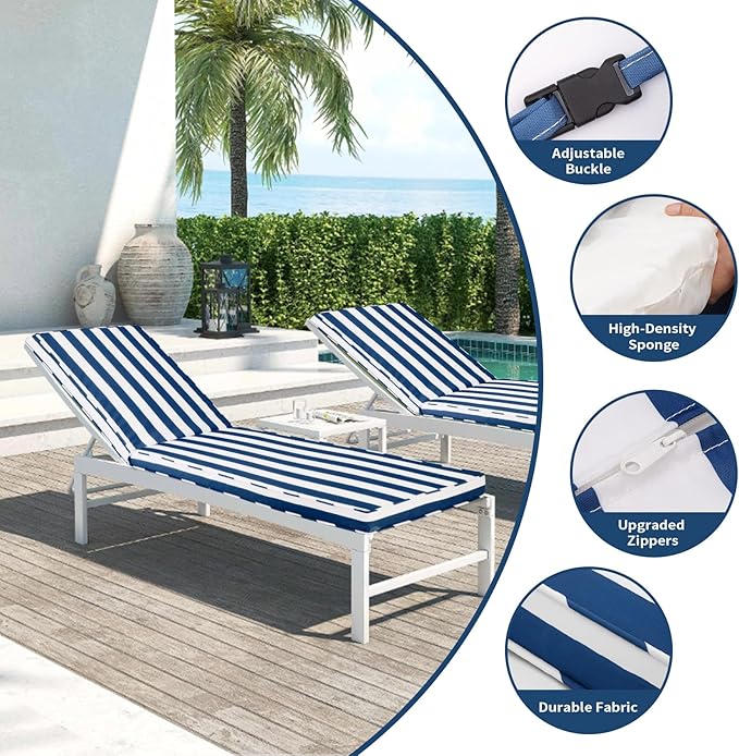 Outdoor Chaise Lounge Cushions for Patio, 71"x22"x3" Lounge Chair Cushions, Waterproof Replacement Seat Pads for Outdoor Furniture (Navy Blue+White Stripes, 1 Pcs)