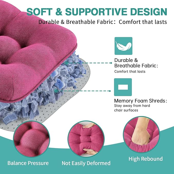 BETU Chair Cushions for Dining Chairs Set of 6,3.5" Thick Kitchen Table Chair Pads with Ties,Non Slip Backing and Covers, Seat Cushion for Dining Room,Bar,Patio Chairs,16"X16"X3.5",Hot Pink