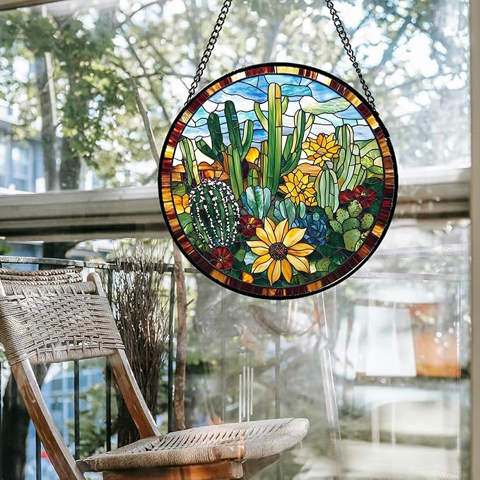 Stained Glass Window Hanging Green Cactus with Yellow Flowers 7.8" - Suncatcher Door Garden Sun Catcher Home Decor Birthday Christmas for Mom Men Woman Friend Nana