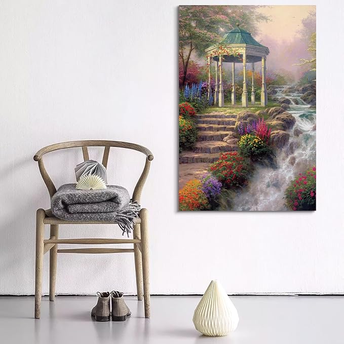 STUDIO HAVEN Thomas Kinkade Canvas Wall Art, Ornate Garden Pavilion Cascading Stream Colorful Wildflowers Oil Painting Poster Tranquil Nature Wall Decor, Framed Prints for Home Decor, 24x36Inch