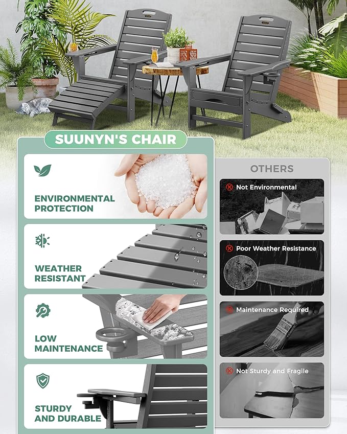 Folding Adirondack Chair with Retractable Ottoman Weather Resistant Fire Pit Chair Patio Chair with 2 Cup Holder Lawn Outdoor Lounge Chairs (Gray)