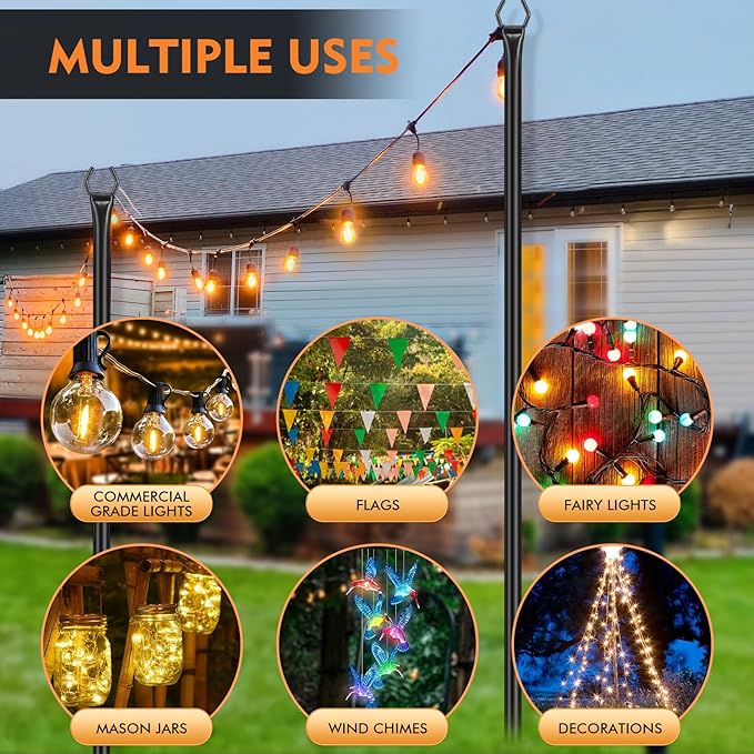 FEED GARDEN String Light Poles for Outside,9.8FT Metal Poles for Outdoor String Lights, Stand Poles for Deck, Garden, Patio, Wedding, Backyard, Christmas Party 4 Pack
