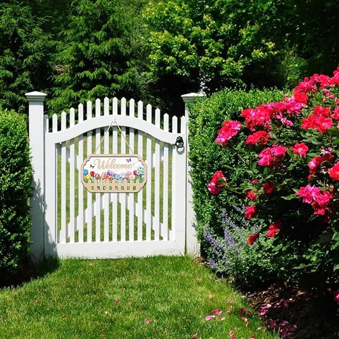 HOURIA 3D Spring Welcome Front Door Sign (11.4”x7”),Floral Butterfly Garden Sign,Colorful Tulip Flower Wreath Sign,Spring Decorations for Home Office Indoor Outdoor